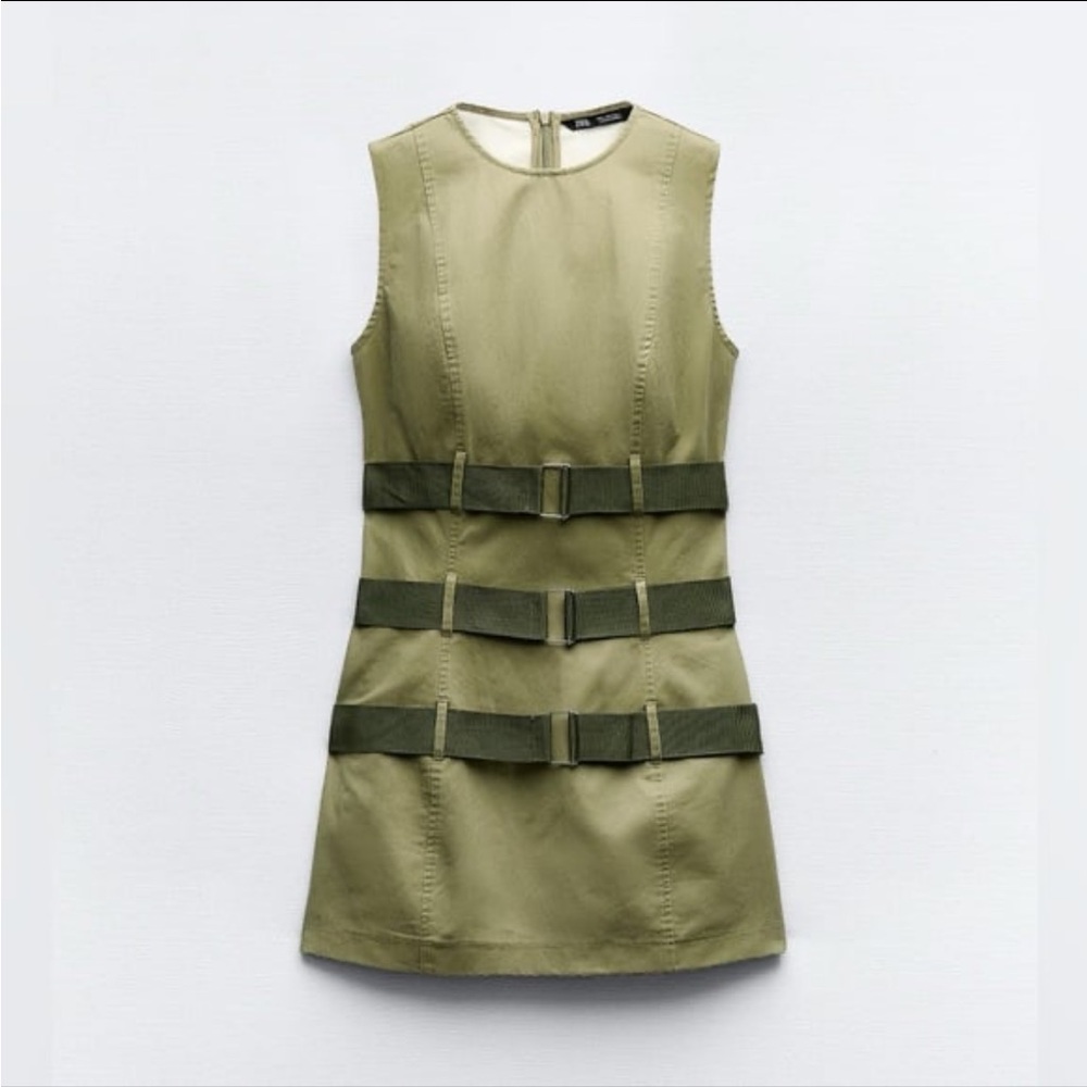 Zara Khaki Green Women’s Waxed Mini Dress With Belt Accents Size XS Utilitarian